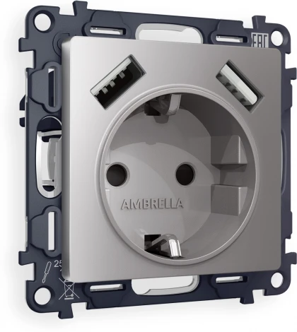 Комплект механизма Ambrella Volt электрической розетки ALFA MA509010 Сталь матовый 2USB A+A 18W быстрая зарядка с заземлением и шторками 2P+E 16A-250V QUANT