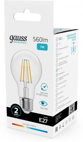 Лампочка светодиодная филаментная Gauss Filament Elementary 22227 А60 7W 560lm 4100К Е27 LED