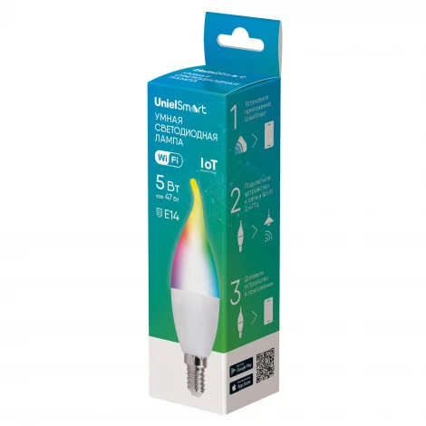 Умная лампа светодиодная Wi-Fi Bluetooth, диммируемая, матовая, 2700-6500K+RGB, Голосовое управление приложение UnielSmart Uniel LED-CW37-5W/RGBW/E14/230V/WF/FR PLS80WH