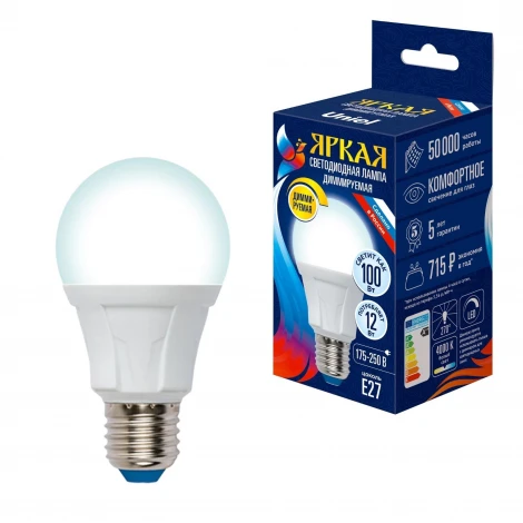 Лампочка светодиодная шар белая E27 12W 4000K Uniel LED-A60 12W/4000K/E27/FR/DIM PLP01WH