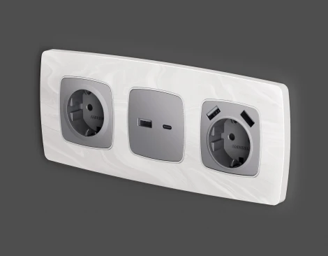 Лицевая панель Ambrella Volt OMEGA (Сталь матовый) для электрической розетки с заземлением со шторками QUANT OP5070