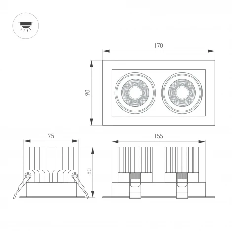 Встраиваемый светильник светодиодный MS-VORTEX-BUILT-S170x90-2x12W Day4000 (WH-WH, 40 deg, 230V) (Arlight, IP20 Металл) 057771