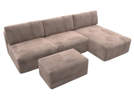 Диван угловой модульный с пуфом Лига-060 НПБ Лонг угол универсальный (ЛДСП,Брус,Фанера/Пластик/Велюр/Бежевый) Лига Диванов 129513