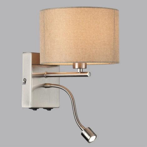 Бра на гибкой ножке для чтения Lumion Nikki 8250/2W никель/бежевый, металл/текстиль Е14 40W+ LED 3W 4000K 220V (выключатель)