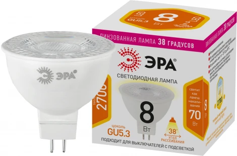 Лампочка светодиодная GU5.3 8W ЭРА LED Lense MR16-8W-827-GU5.3