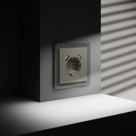 Розетка с заземлением, шторками и USBх2 (шелк) Voltum S70 VLS040404