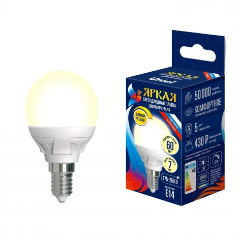 Лампочка светодиодная шар белая E14 7W 3000K Uniel LED-G45 7W/3000K/E14/FR/DIM PLP01WH