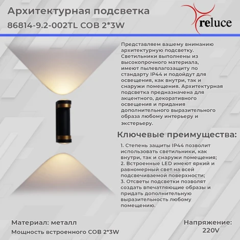 Архитектурная подсветка светодиодная Reluce 86814-9.2-002TL COB2*3W BK+GD (220V, IP44)