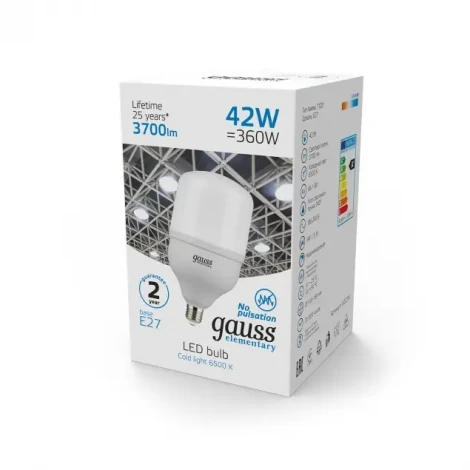 Лампочка светодиодная цилиндр белая колба E27 42 Вт 3700 lm 6500K холодное белое свечение Gauss Elementary 63234