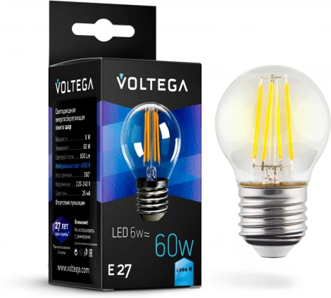 Лампочка светодиодная груша прозрачная колба E27 6 Вт 600 lm 4000K нейтральное белое свечение Voltega Crystal 7024