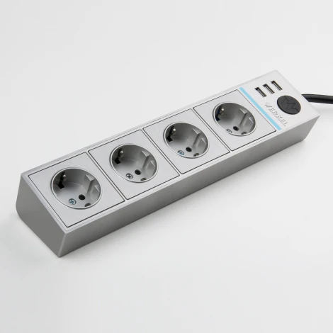 Розеточный блок 4-х местный + 3 USB серебряный/серебряный рифленый W6514945 (a051458)