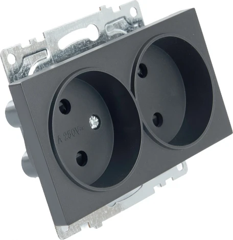 Розетка двойная без заземления со шторками (черный) Stekker Катрин 39611