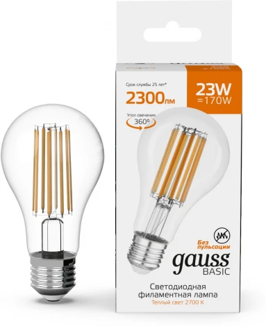 Лампочка светодиодная филаментная Gauss Filament 40712132 А70 23W 2300lm 2700К Е27 LED