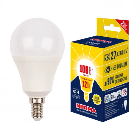 Лампа светодиодная, форма "шар", матовая, теплый белый свет 3000K Volpe Norma LED-G60-12W/3000K/E14/FR/NR