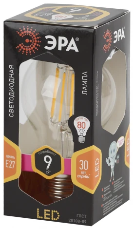 Лампочка светодиодная филаментная E27 9W ЭРА F-LED A60-9W-827-E27