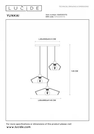 Подвесной светильник Lucide Yunkai 10413/03/72
