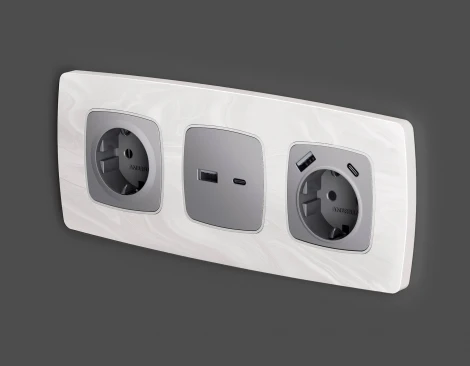 Лицевая панель Ambrella Volt OMEGA (Сталь матовый) для электрической розетки с заземлением со шторками 2USB A+C QUANT OP5100