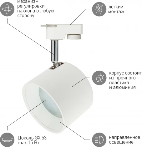 Трековый светильник ЭРА TR15 GX53 WH/SL (220V)