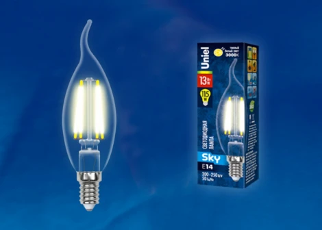 Лампочка светодиодная свеча на ветру прозрачная E14 13W 3000K Uniel LED-CW35-13W/3000K/E14/CL PLS02WH