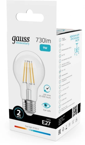 Лампочка светодиодная филаментная Gauss Filament Elementary 22229 А60 9W 730lm 4100К Е27 LED