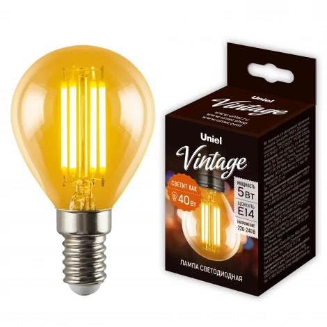 Лампа светодиодная, форма «шар», золотистая колба Uniel Vintage LED-G45-5W/GOLDEN/E14 GLV21GO