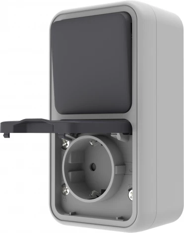 Двойной блок накладной, розетка с защитной крышкой+переключатель 1-клавишный, цвет серый IP55 Donel W55 DIP20640