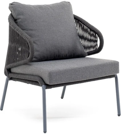 "Милан" кресло плетеное из роупа, каркас алюминий темно-серый (RAL7024) муар, роуп темно-серый круглый, ткань темно-серая 027 4SIS арт.УТ-00006818