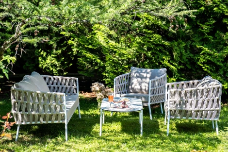 "Диего" лаунж-зона 4-местная плетеная из роупа (веревки), каркас алюминиевый белый, роуп бежевый 4SIS арт.УТ-00008434