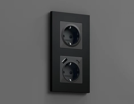 Лицевая панель Ambrella Volt OMEGA (Графит Мягкое касание) для электрической розетки с заземлением со шторками QUANT OP9070