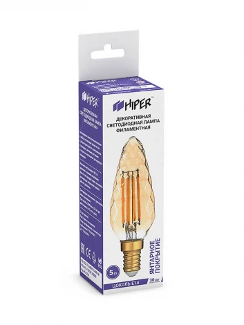 Лампочка светодиодная филаментная прозрачная/бежевая свеча E14 5W Hiper Deco HL-2214