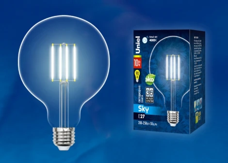 Лампочка светодиодная шар прозрачная E27 10W 3000K Uniel LED-G125-10W/WW/E27/CL PLS02WH