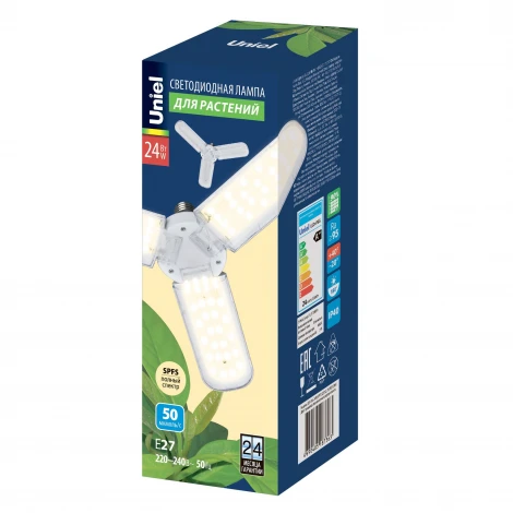 Лампа светодиодная для растений, форма "P" лепестковая, прозрачная, спектр для фотосинтеза с высокой цветопередачей Uniel LED-P65-24W/SPFS/E27/CL/P3 PLP32WH