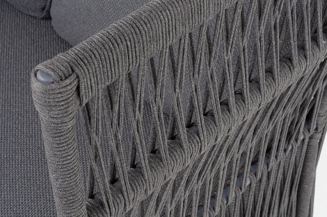 "Лугано" диван 3-местный плетеный из роупа, каркас алюминий темно-серый (RAL7024) муар, роуп темно-серый круглый, ткань темно-серая YB25-0027 4SIS арт.УТ-00009893