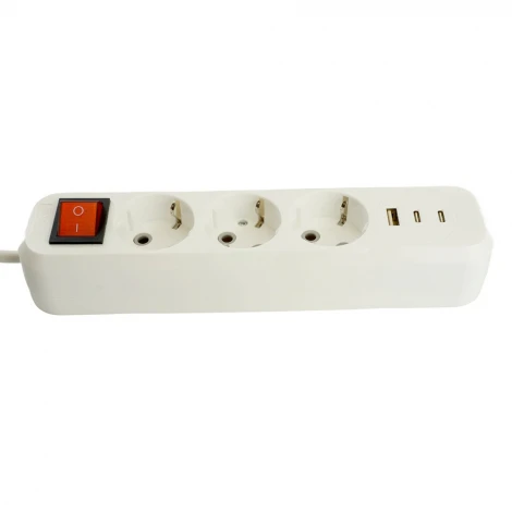 Удлинитель 3-х местный с заземлением USB Type-A + 2хUSB Type-С 3 метра (белый) Stekker Home 50137