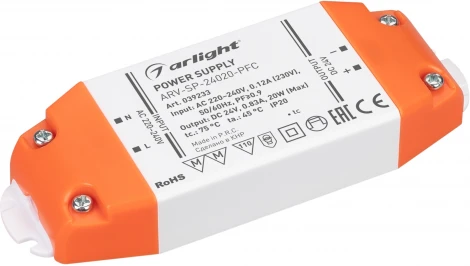 Блок питания ARV-SP-24020-PFC (24V, 0.83A, 20W) (Arlight, IP20 Пластик, 5 лет) 039233