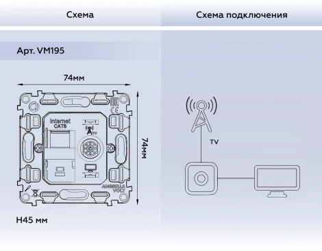 Механизм Ethernet RJ-45 розетки с автоматической защитной шторкой и ТВ-розетки оконечной встраиваемый (серый) Ambrella Volt QUANT VM195