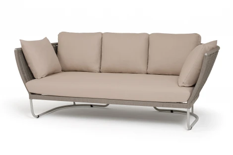 "Фиджи" диван 3-местный плетеный из роупа, каркас алюминий светло-серый (RAL7035) муар, роуп серый меланж круглый, ткань Mossle бежевая 4SIS FID-S-3-001 RAL7035 Mua mel-grey(beige160)