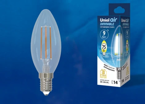 Лампочка светодиодная свеча прозрачная E14 9W 4000K Uniel LED-C35-9W/4000K/E14/CL/DIM GLA01TR