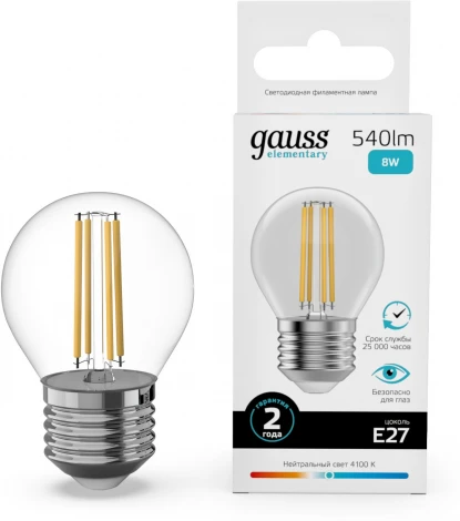 Лампочка светодиодная филаментная Gauss Filament Elementary 52228 Шар 8W 540lm 4100К Е27 LED