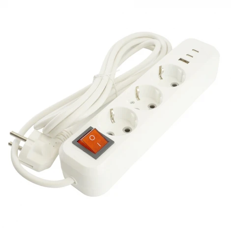 Удлинитель 3-х местный с заземлением USB Type-A + 2хUSB Type-С 2 метра (белый) Stekker Home 50136