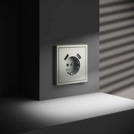 Розетка с заземлением, шторками и USBх2 (сталь) Voltum S70 VLS040405