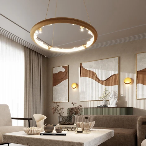 Подвесной светильник Odeon Light Cayon 7002/44L золотой ice crack/акрил/хрусталь с ПДУ IP20 LED 44W 2417Лм 3000/4000/5700K (220V, на тросе, круглые)
