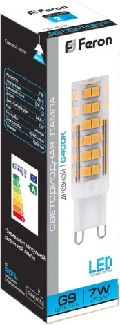 Лампочка светодиодная кукуруза прозрачная колба G9 7 Вт 6400K холодное белое свечение Feron 25768