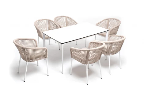 Обеденная группа на 6 персон со стульями Марсель, каркас белый, роуп бежевый 4SIS Малага MAL-CM6T1-7-SET beige