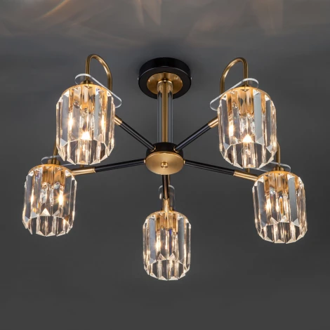 Потолочная люстра Wi-Fi на штанге Eurosvet Tenia 70090/5 черный (220V, хрусталь, управление смартфоном, голосовое управление, умный дом - Minimir Home, Алиса, Маруся, Салют)