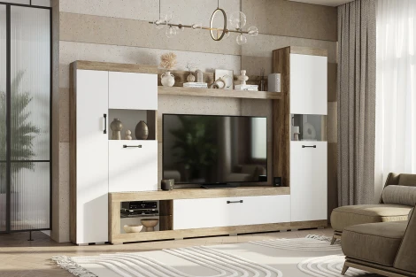 Стенка в гостиную БТС Тесла ГС-01, дуб каньон/белый