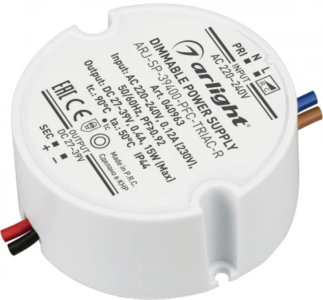 Блок питания ARJ-SP-39400-PFC-TRIAC-R (15W, 27-39V, 400mA) (Arlight, IP44 Пластик, 5 лет) 040963