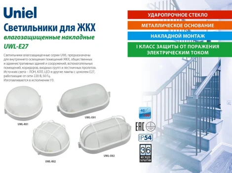 Настенно-потолочный светильник Uniel UWL-O01 100W/E27 IP54 WHITE Овал (220V)