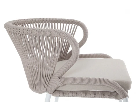 "Милан" стул плетеный из роупа, каркас алюминий белый муар, роуп бежевый круглый, ткань бежевая 15052 4SIS арт.УТ-00010326