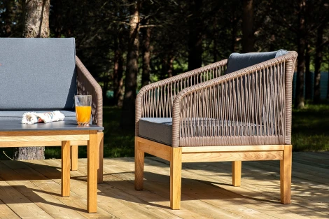 "Канны" лаунж-зона 4-местная из роупа со столиком "Канны" (серый гранит), основание дуб, роуп коричневый 4SIS арт.УТ-00004760